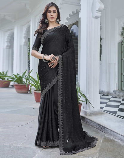 Black Swarovski Satin Plain Saree