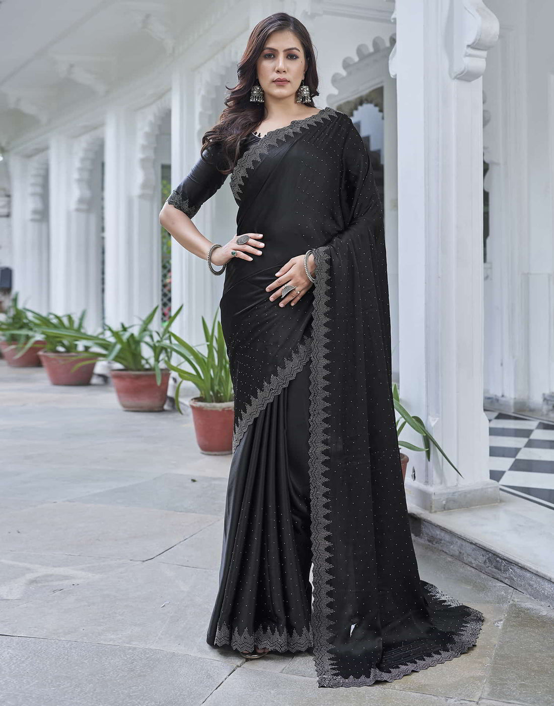 Black Swarovski Satin Plain Saree