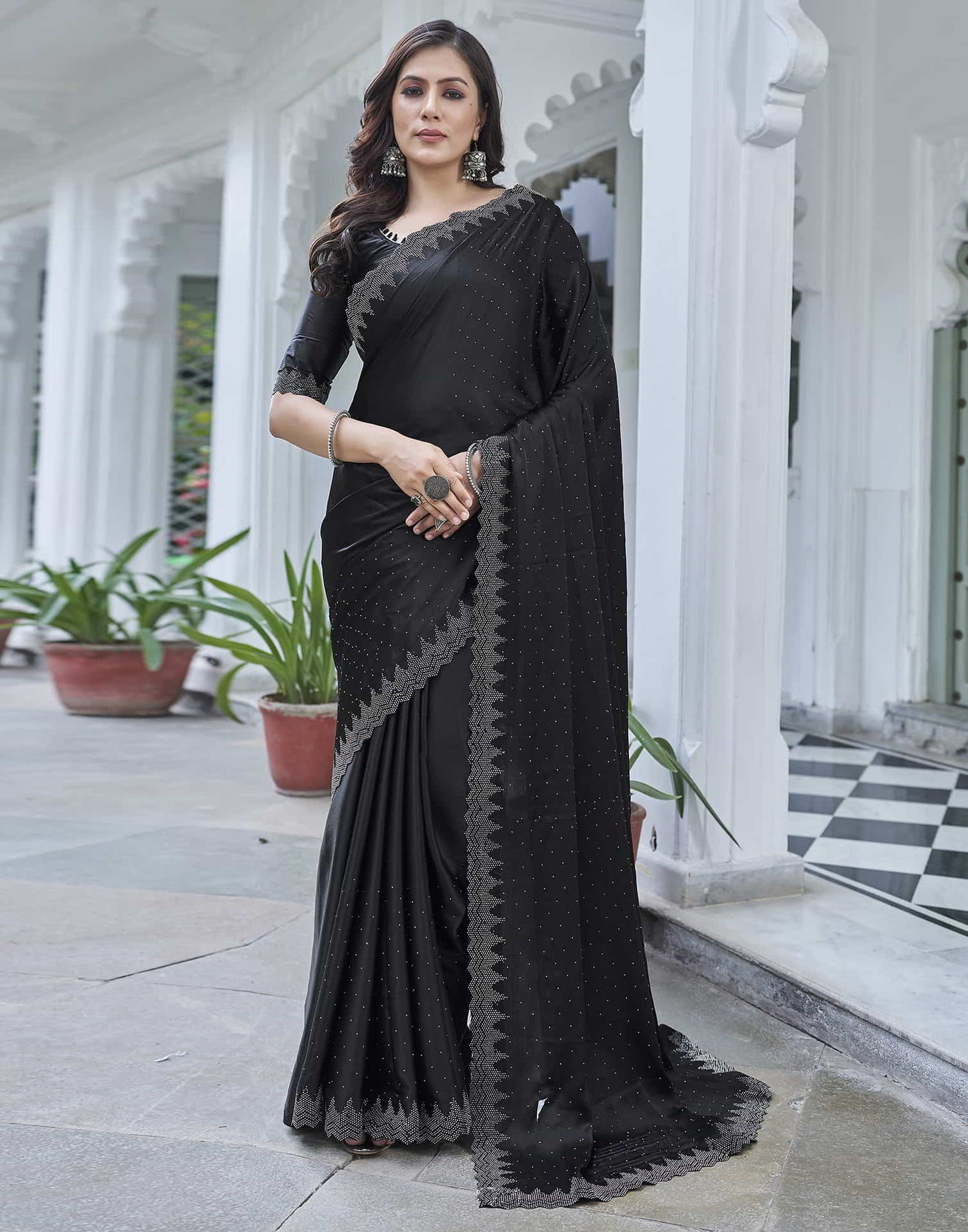 Black Swarovski Satin Plain Saree