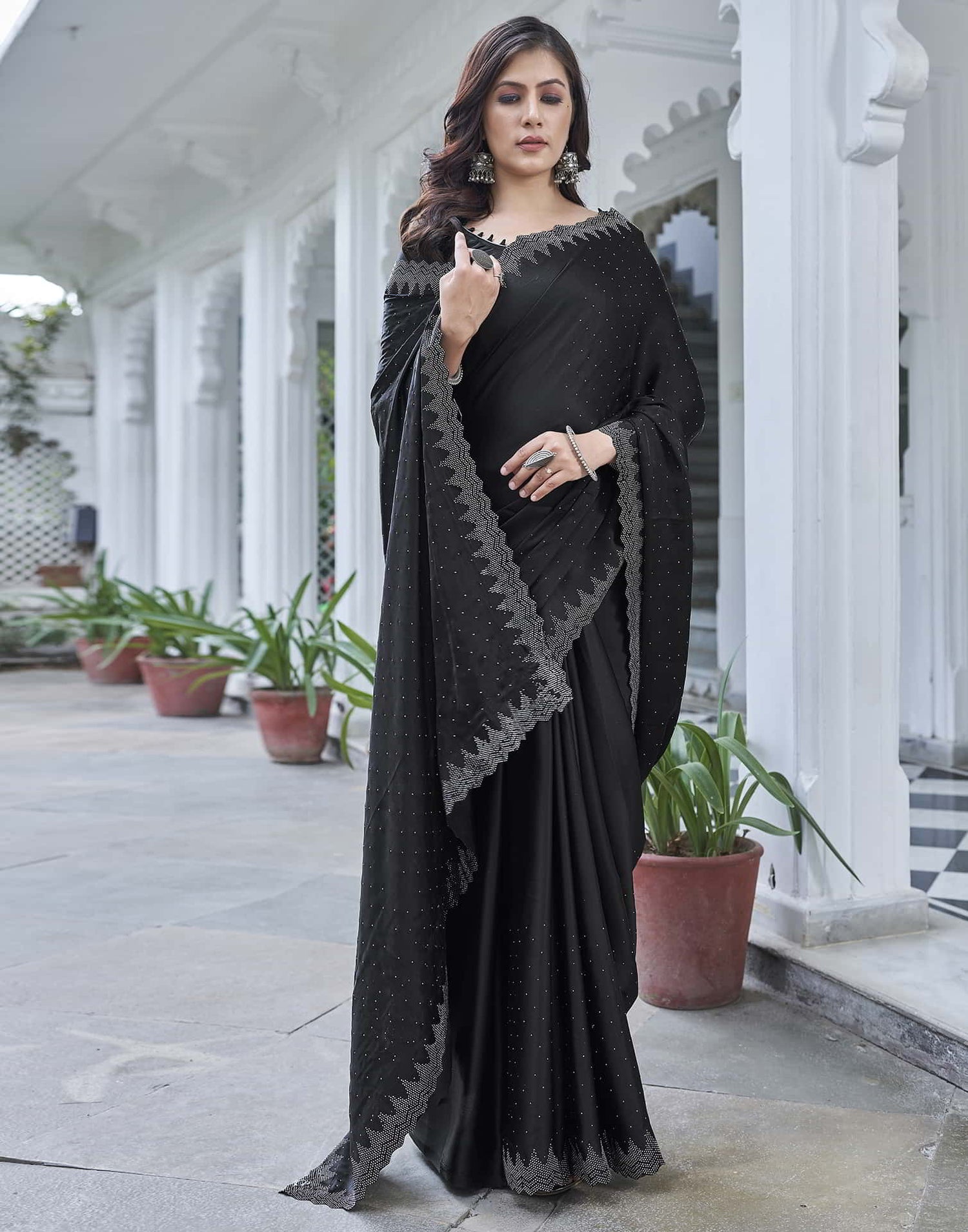 Black Swarovski Satin Plain Saree