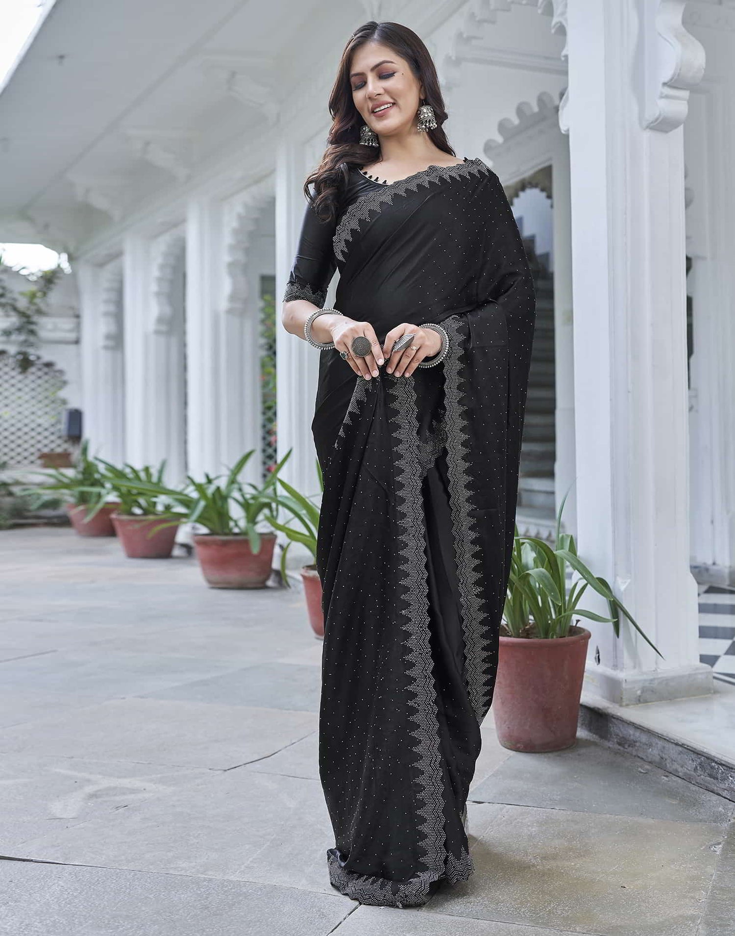 Black Swarovski Satin Plain Saree