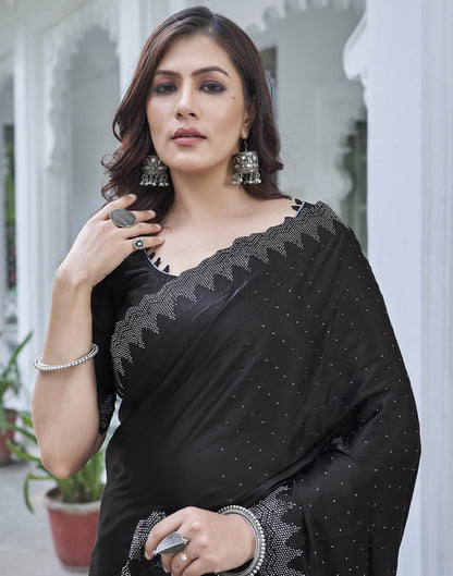 Black Swarovski Satin Plain Saree