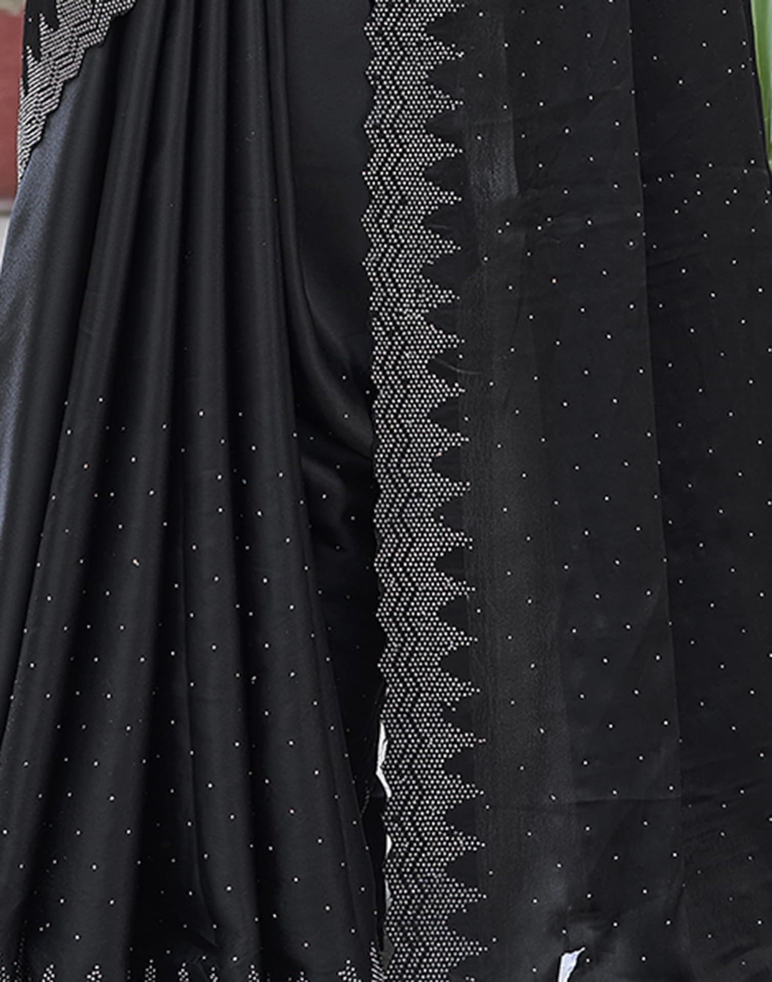 Black Swarovski Satin Plain Saree