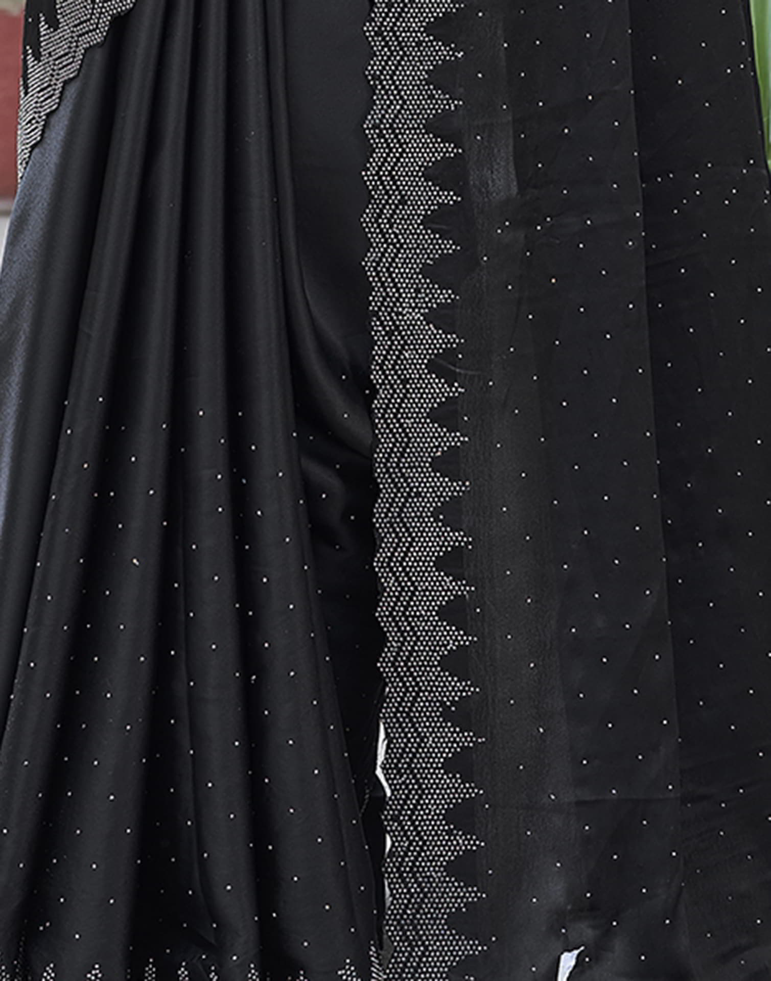 Black Swarovski Satin Plain Saree