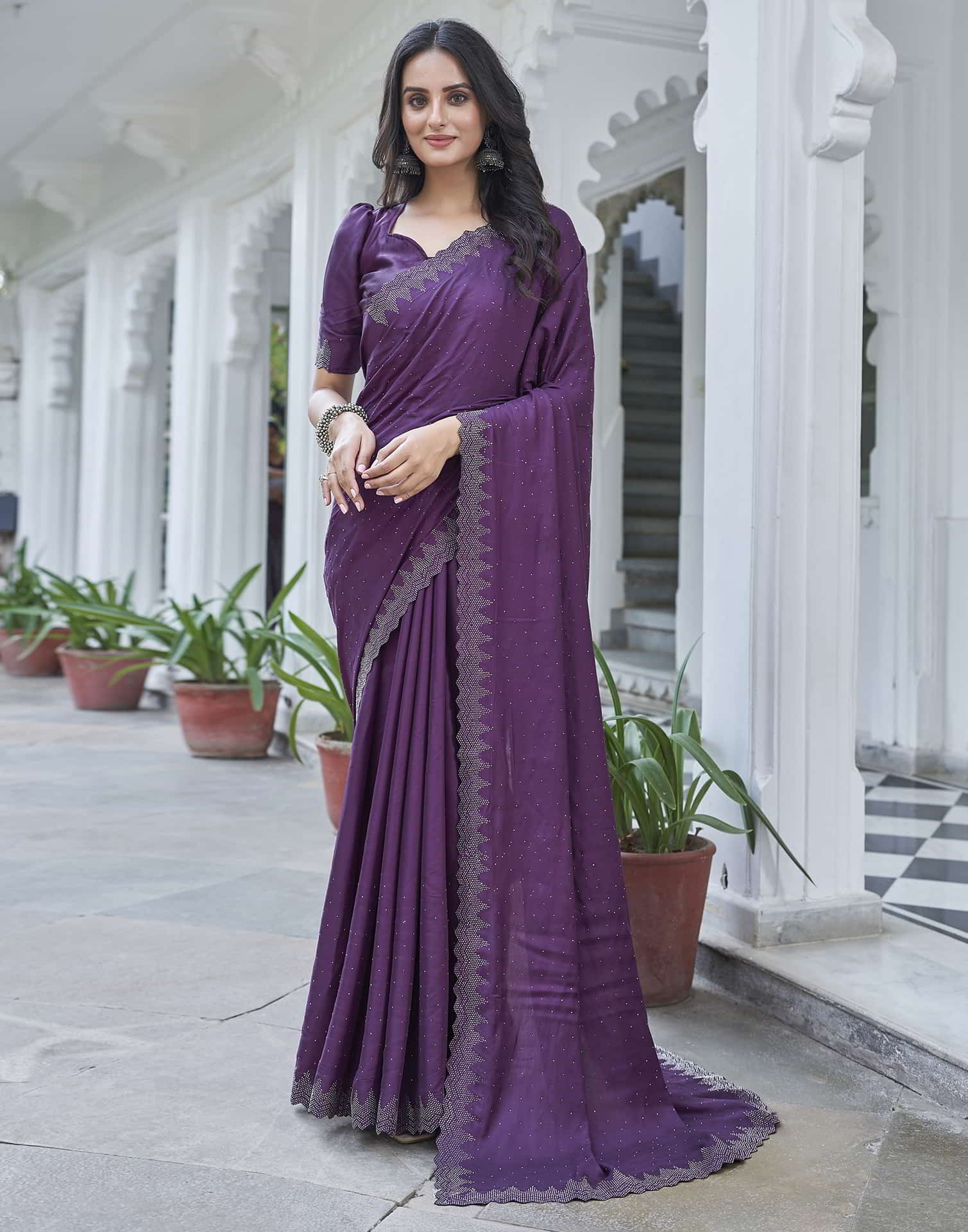 Purple Swarovski Satin Plain Saree