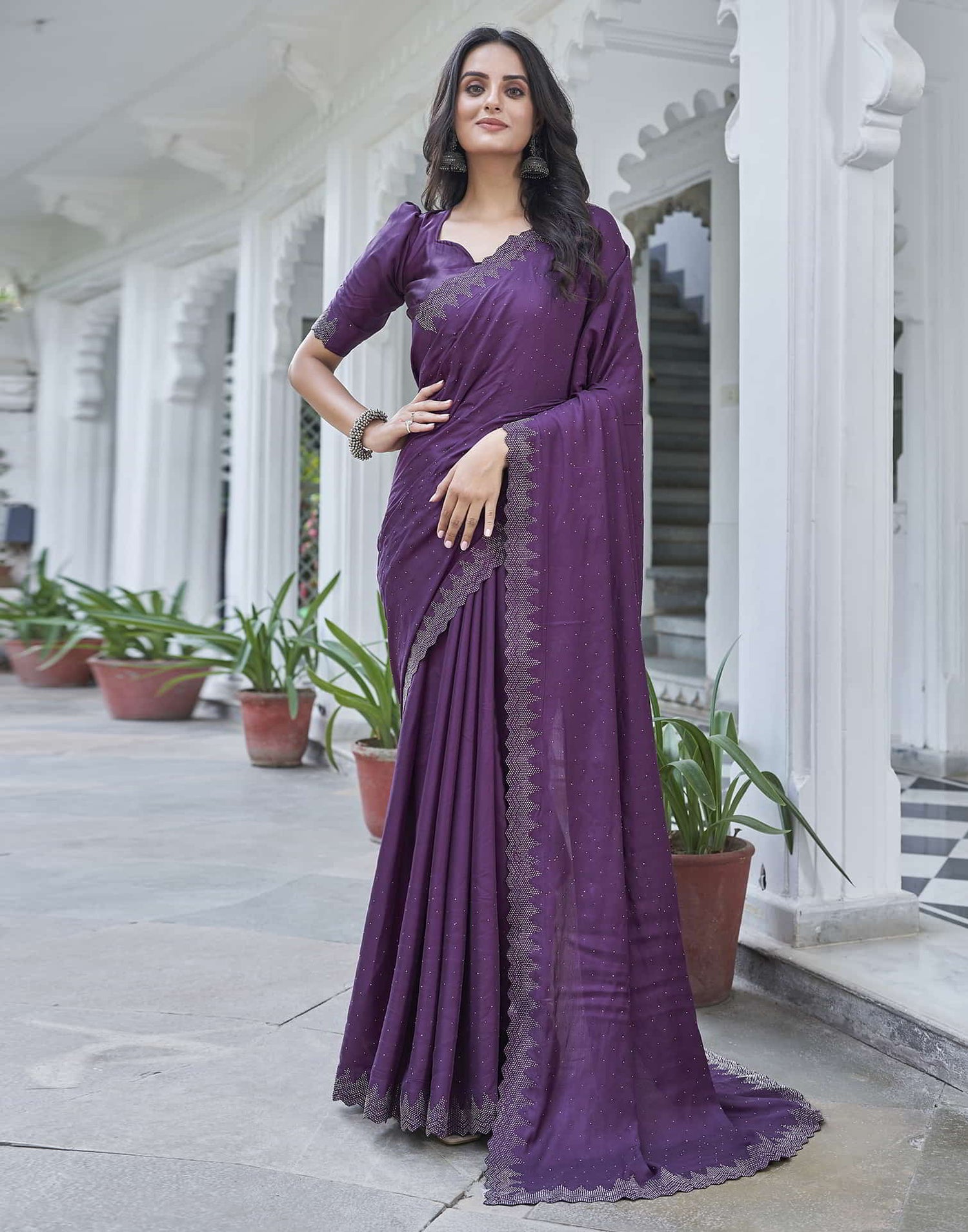 Purple Swarovski Satin Plain Saree