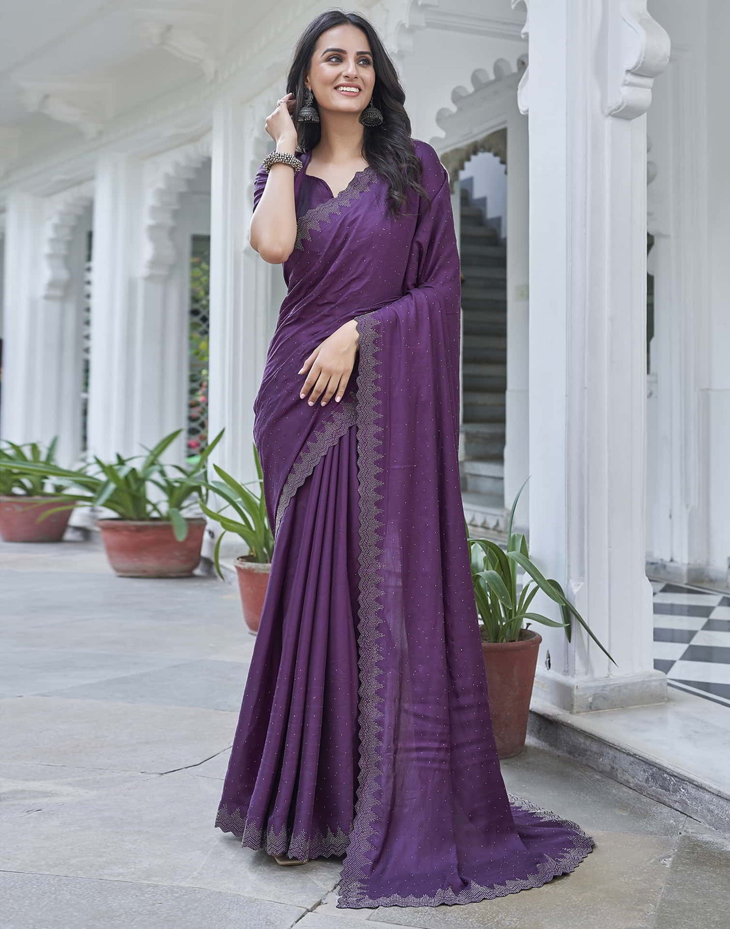 Purple Swarovski Satin Plain Saree