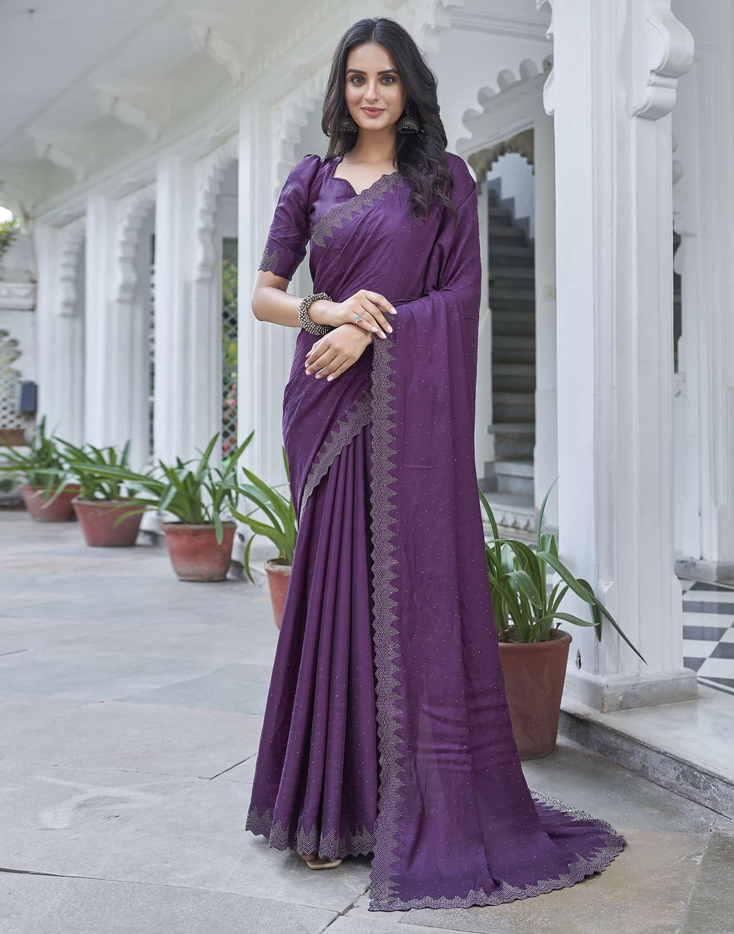 Purple Swarovski Satin Plain Saree