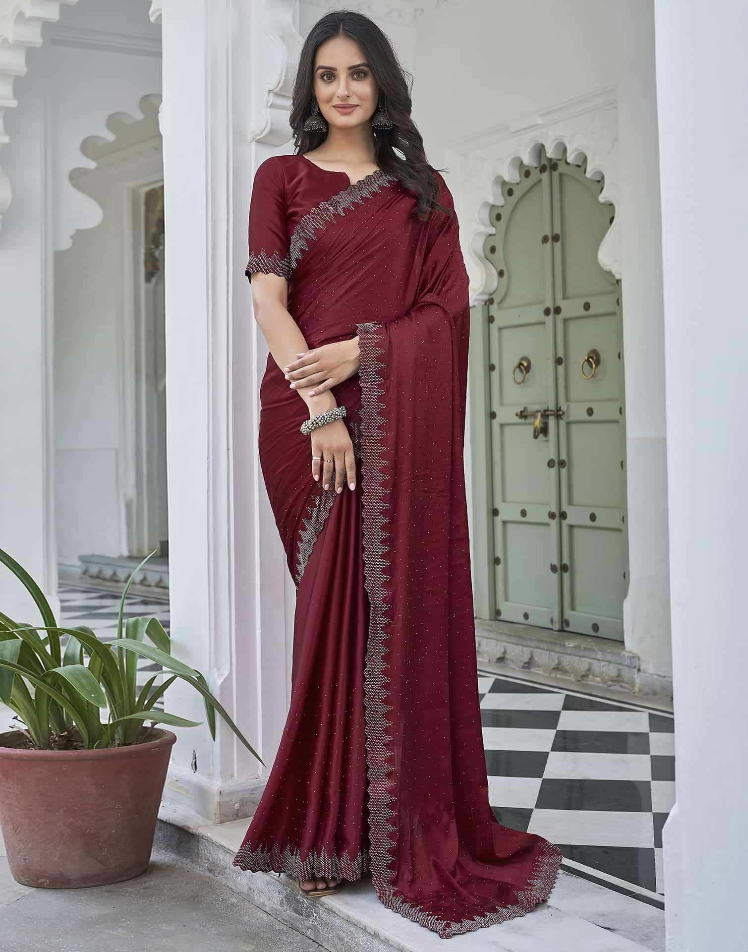 Maroon Swarovski Satin Plain Saree