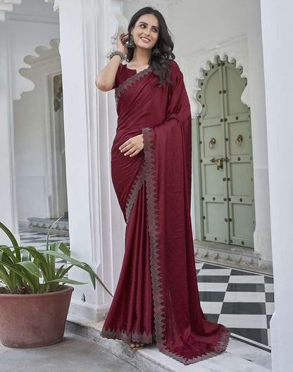 Maroon Swarovski Satin Plain Saree