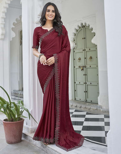 Maroon Swarovski Satin Plain Saree