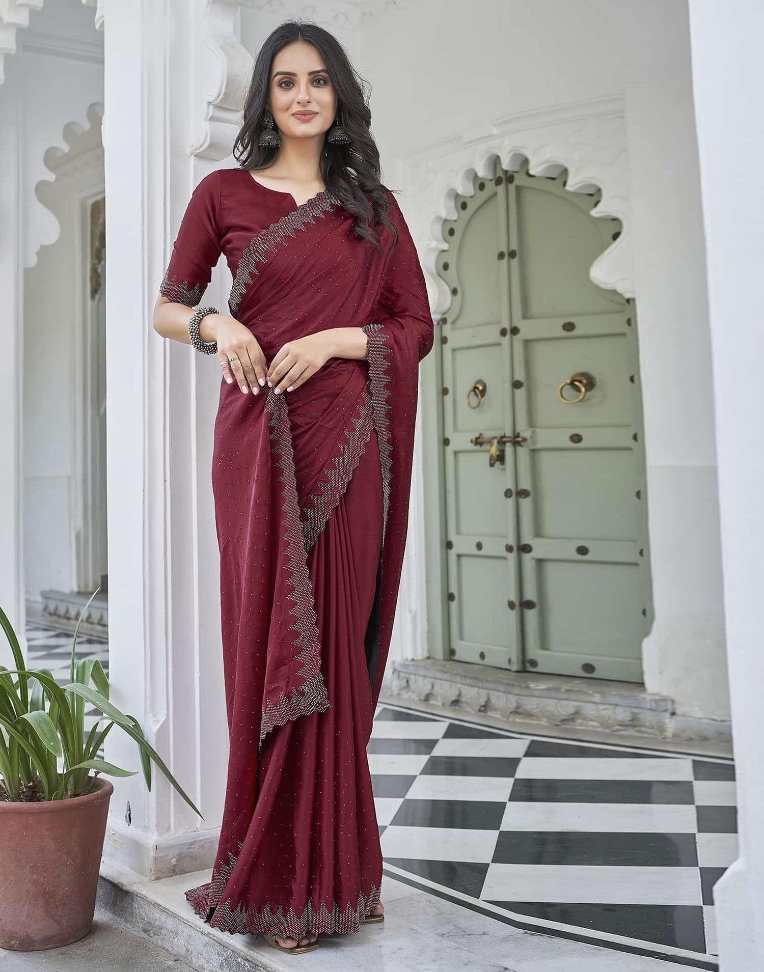 Maroon Swarovski Satin Plain Saree