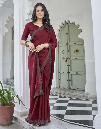 Maroon Swarovski Satin Plain Saree