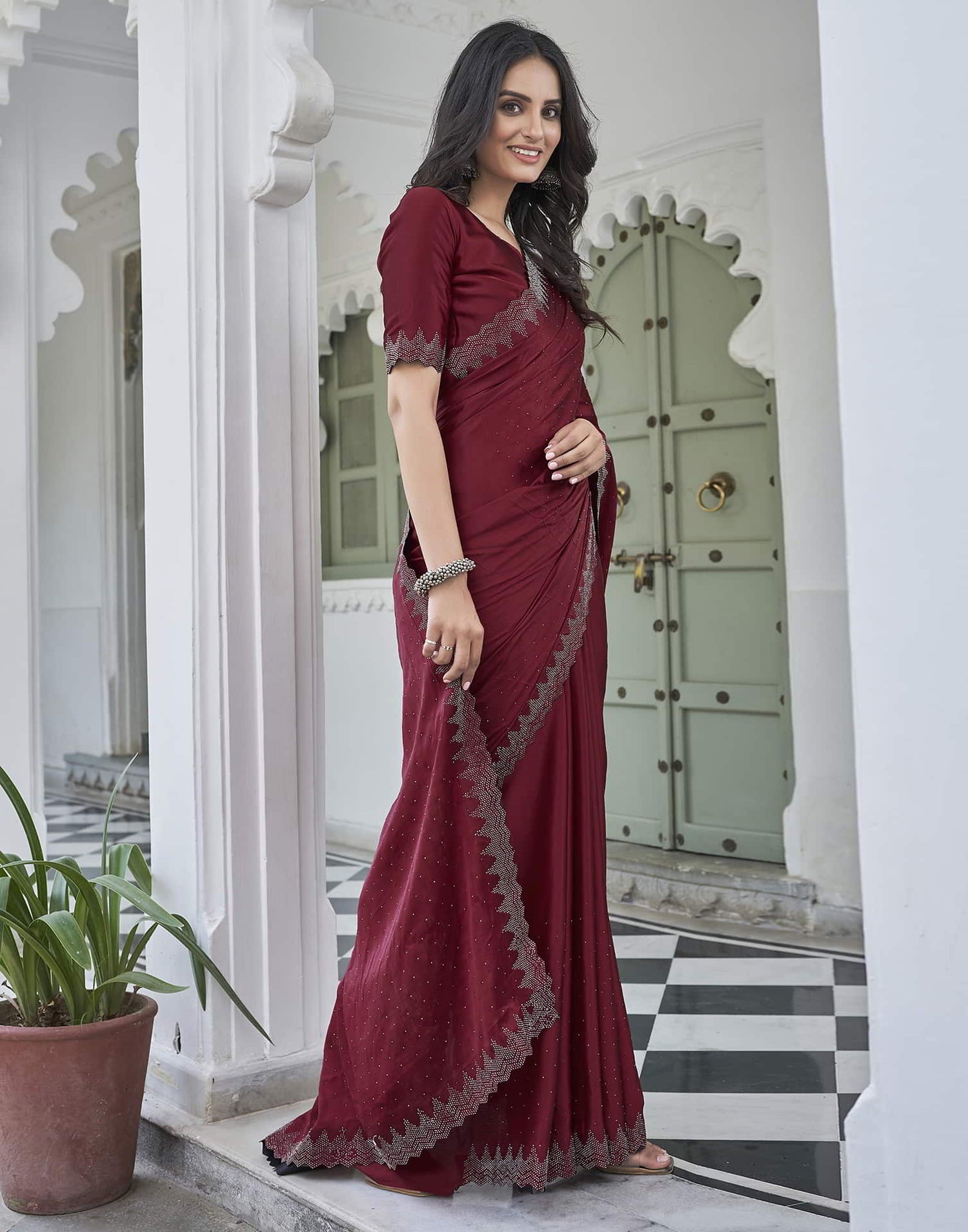 Maroon Swarovski Satin Plain Saree