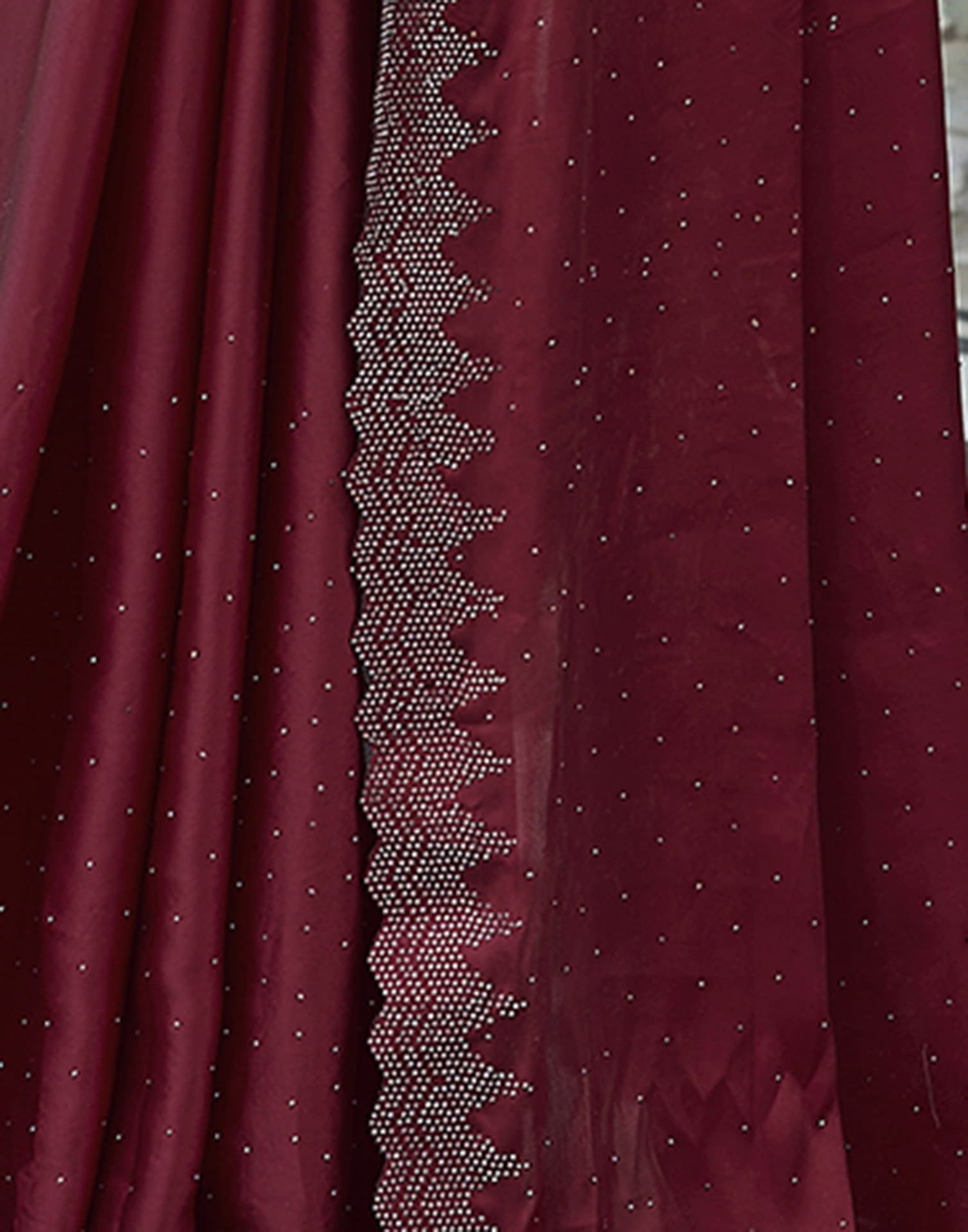 Maroon Swarovski Satin Plain Saree