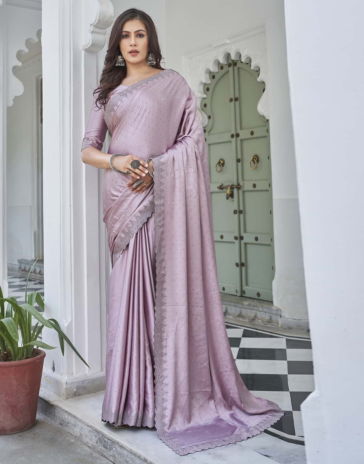 Pink Swarovski Satin Plain Saree