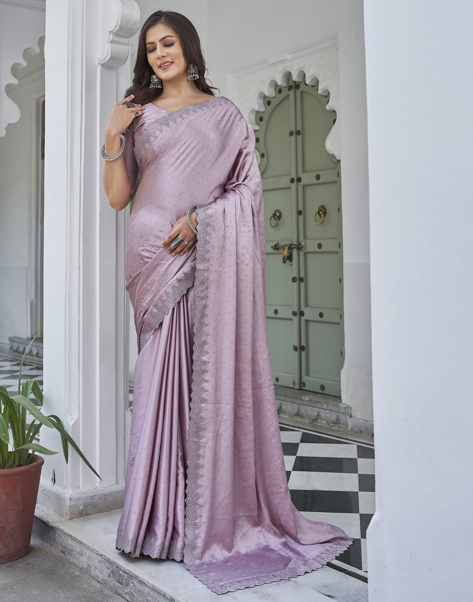 Pink Swarovski Satin Plain Saree