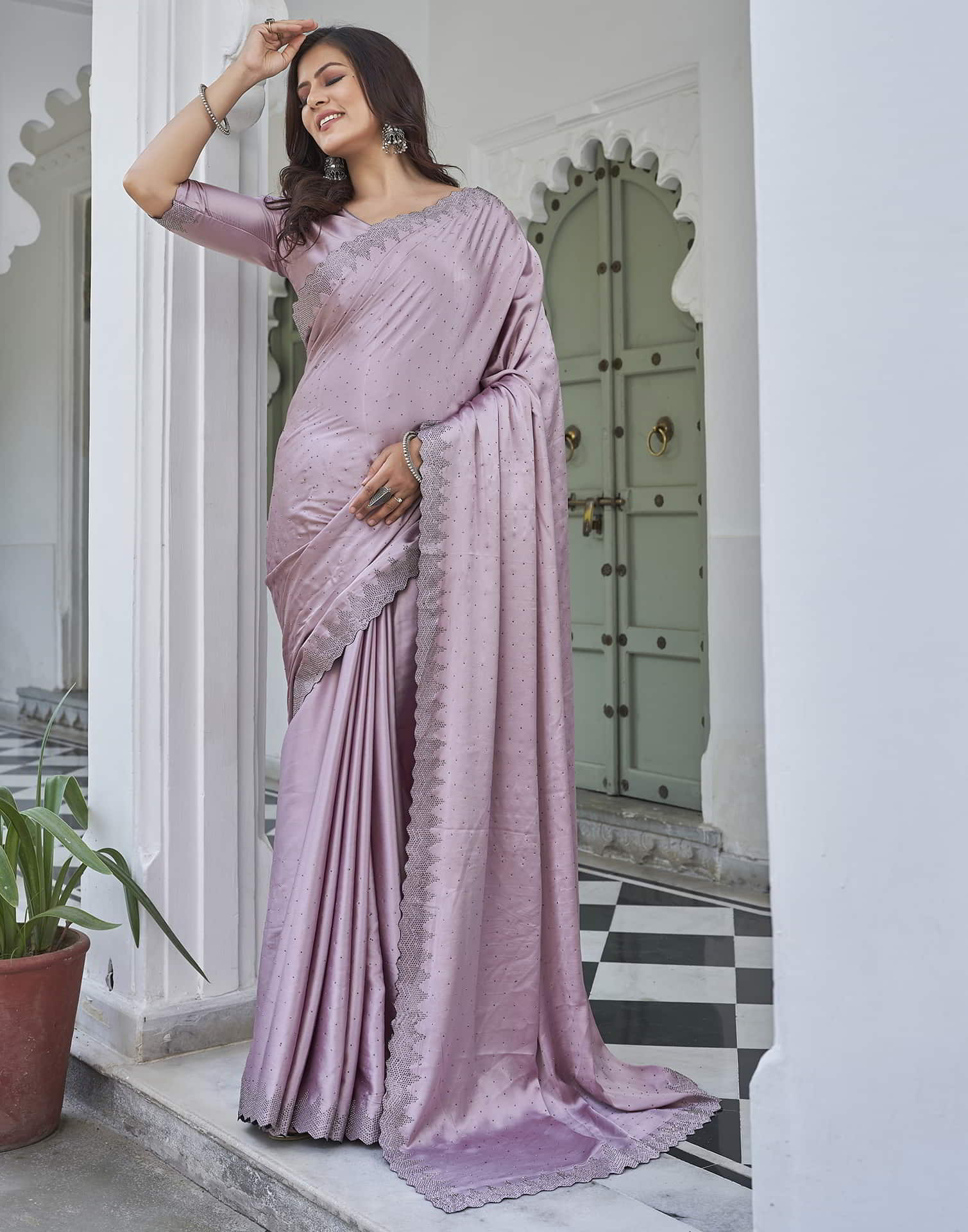 Pink Swarovski Satin Plain Saree