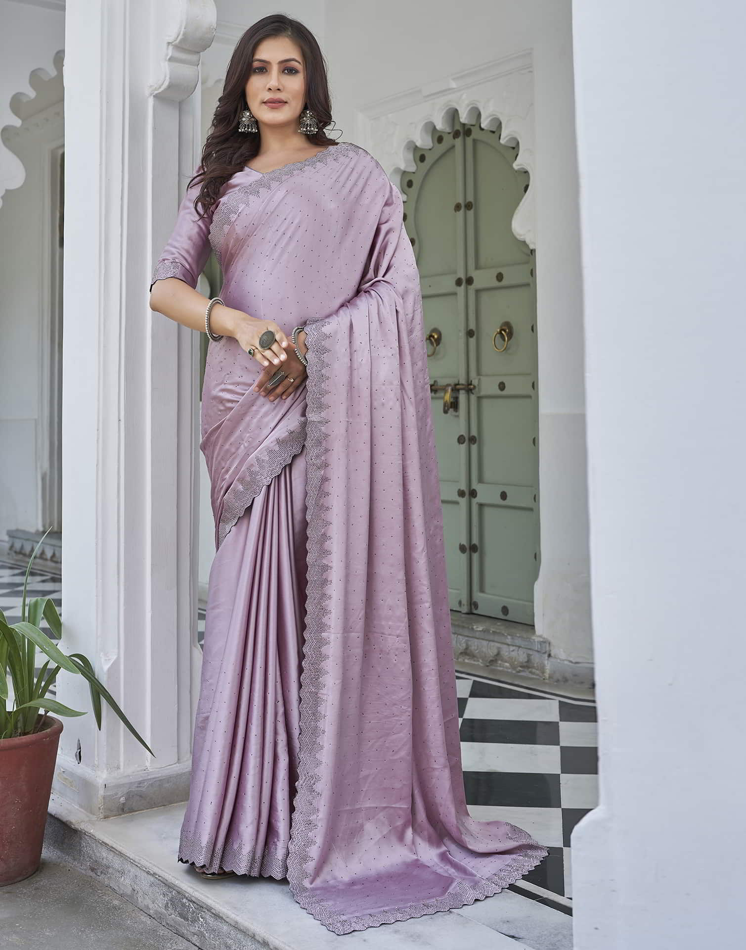 Pink Swarovski Satin Plain Saree