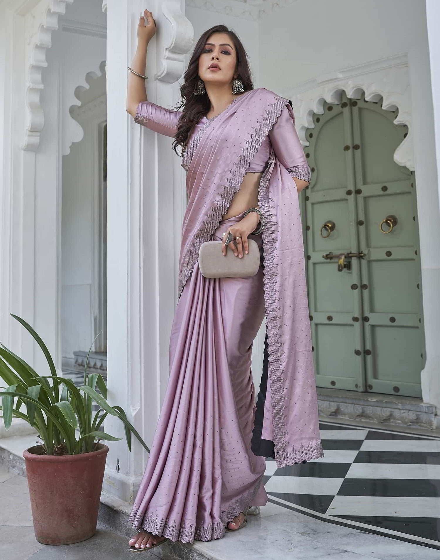 Pink Swarovski Satin Plain Saree