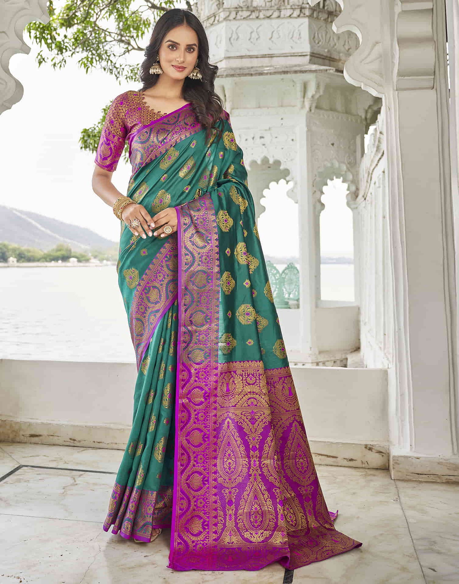 Teal Green Banarasi Woven Silk Saree