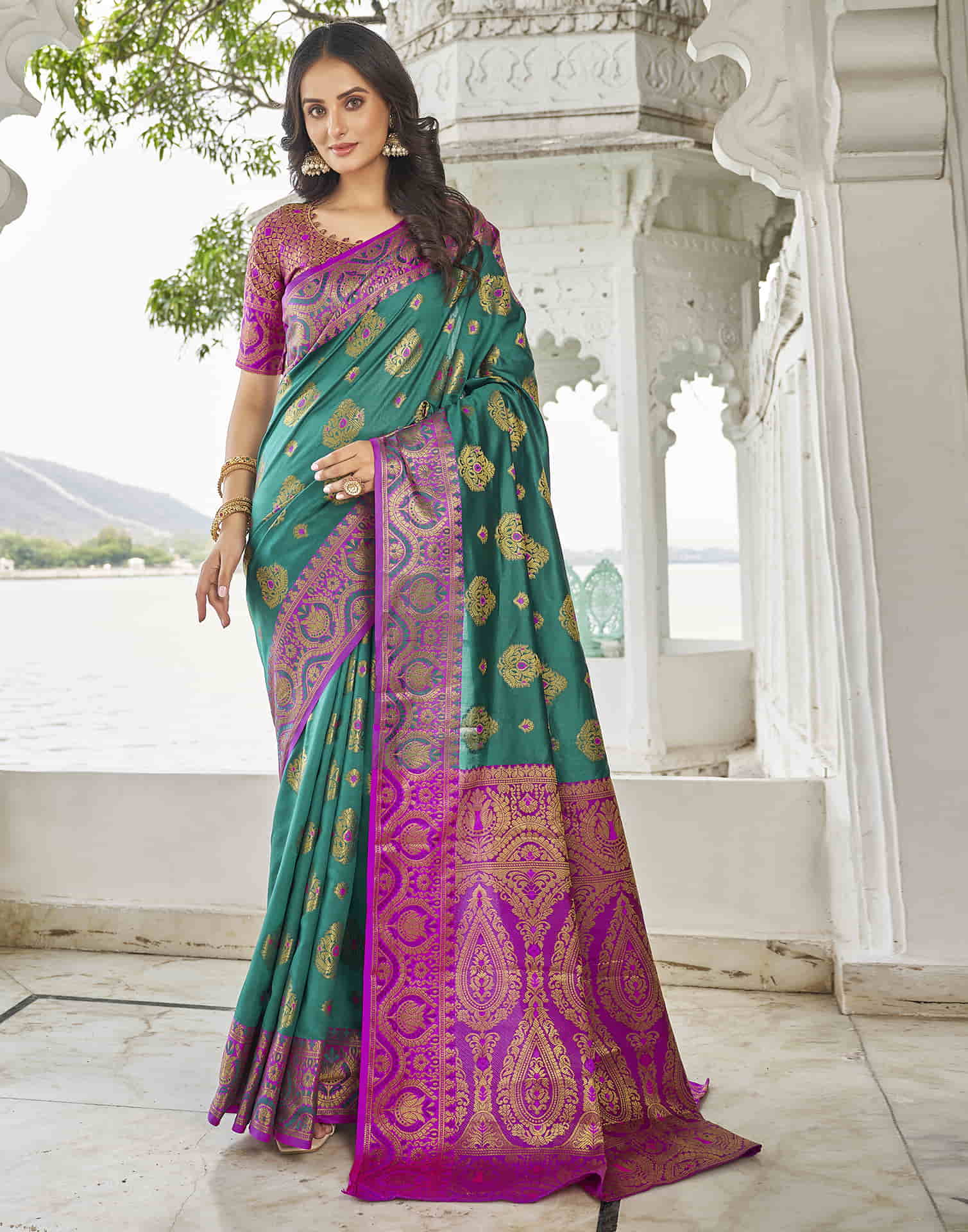 Teal Green Banarasi Woven Silk Saree