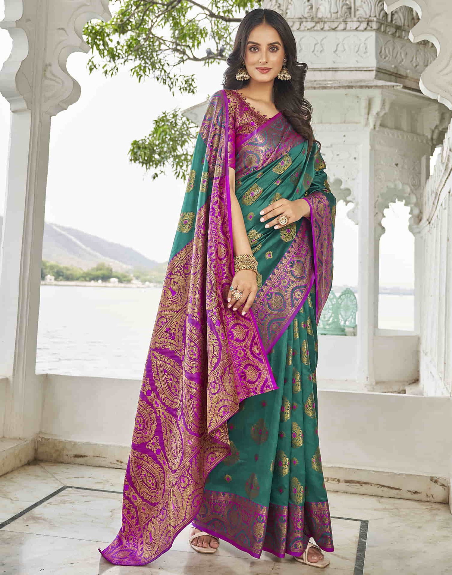 Teal Green Banarasi Woven Silk Saree