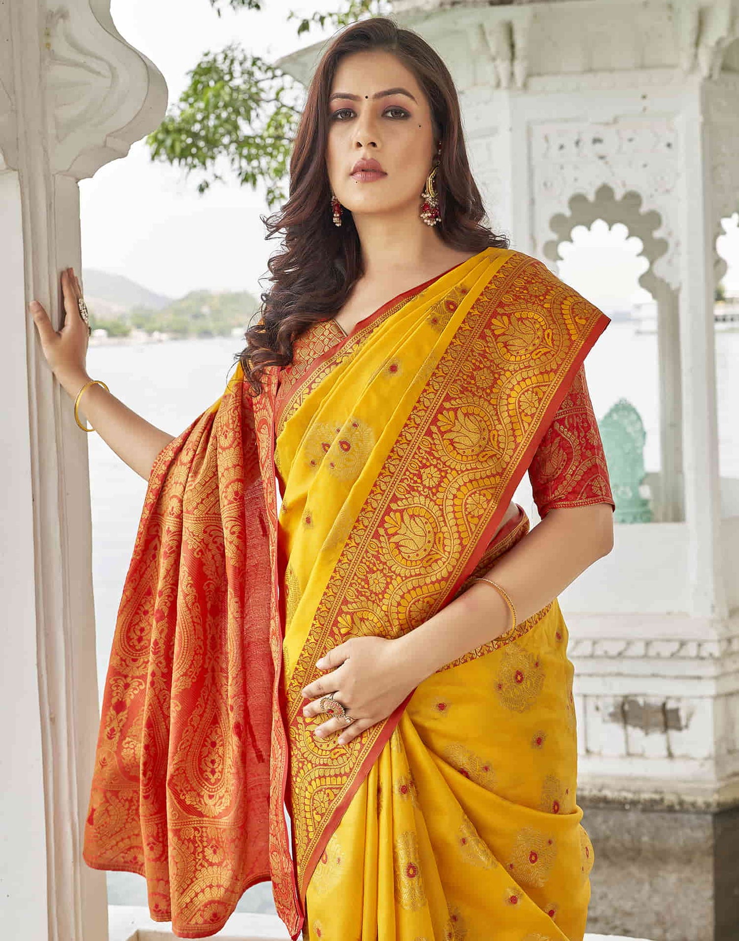 Yellow Banarasi Woven Silk Saree