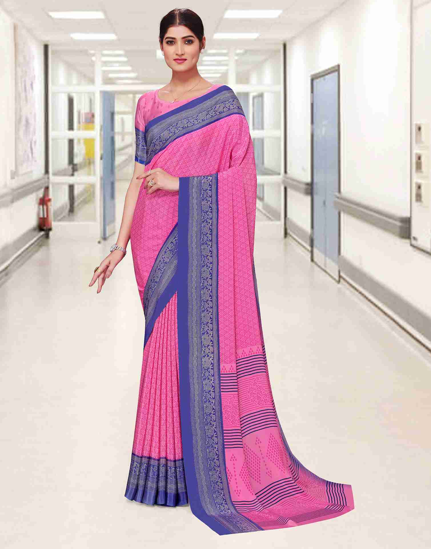 Light Pink Polyester Geometric Printed Saree