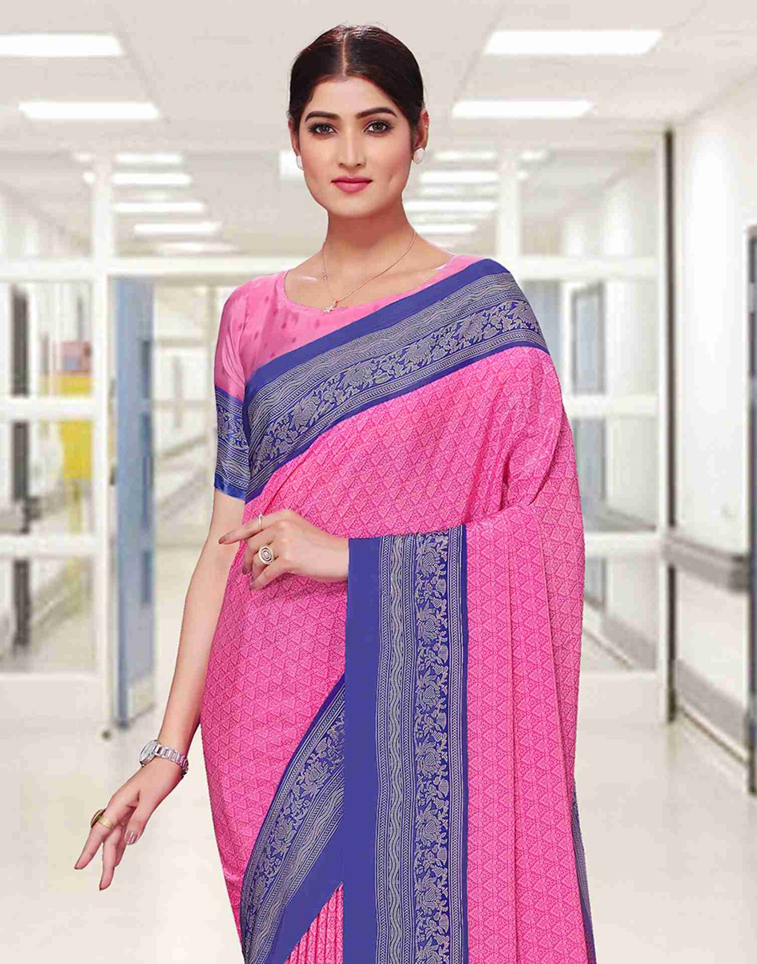 Light Pink Polyester Geometric Printed Saree