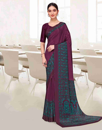 Wine Polyester Printed Saree