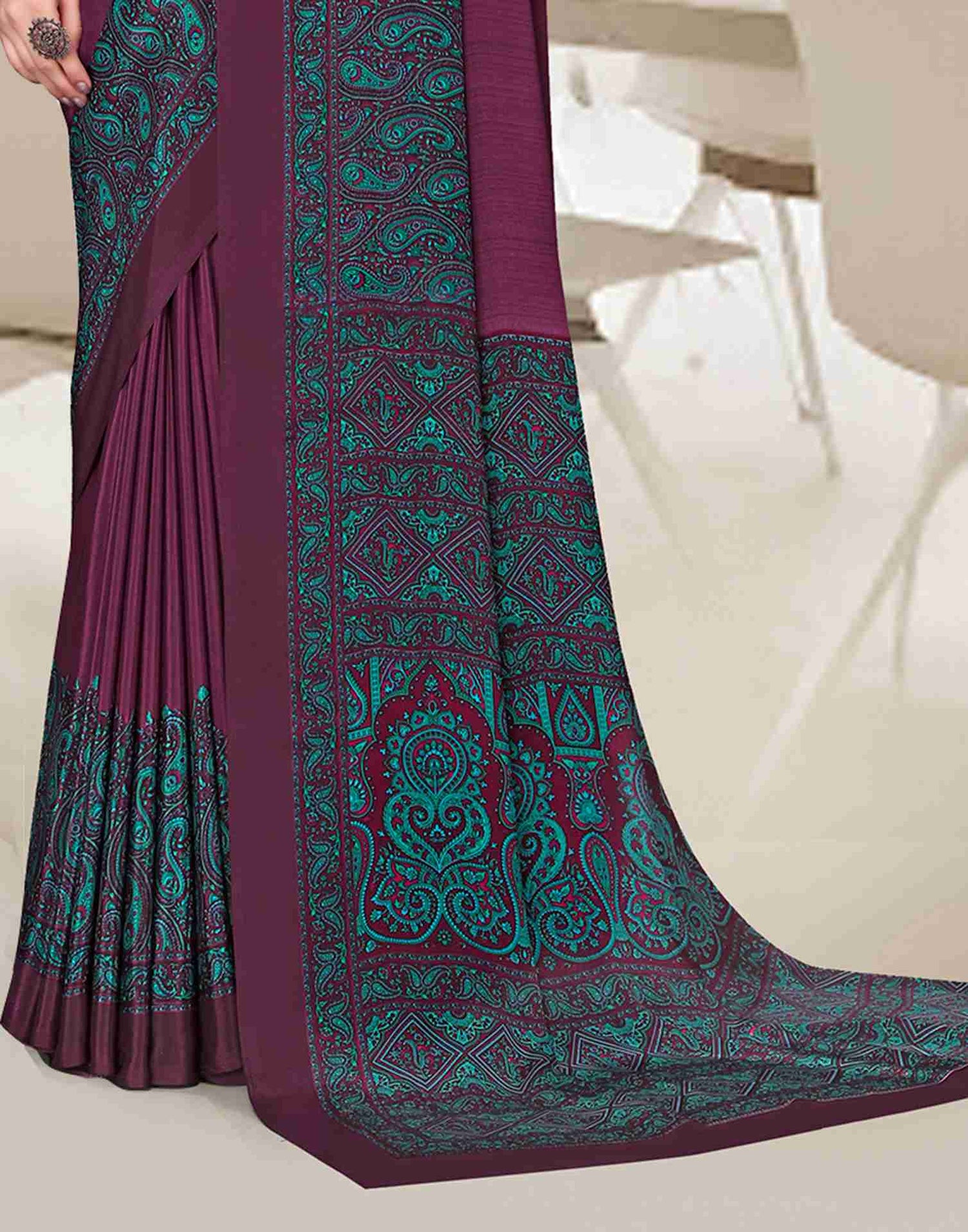 Wine Polyester Printed Saree