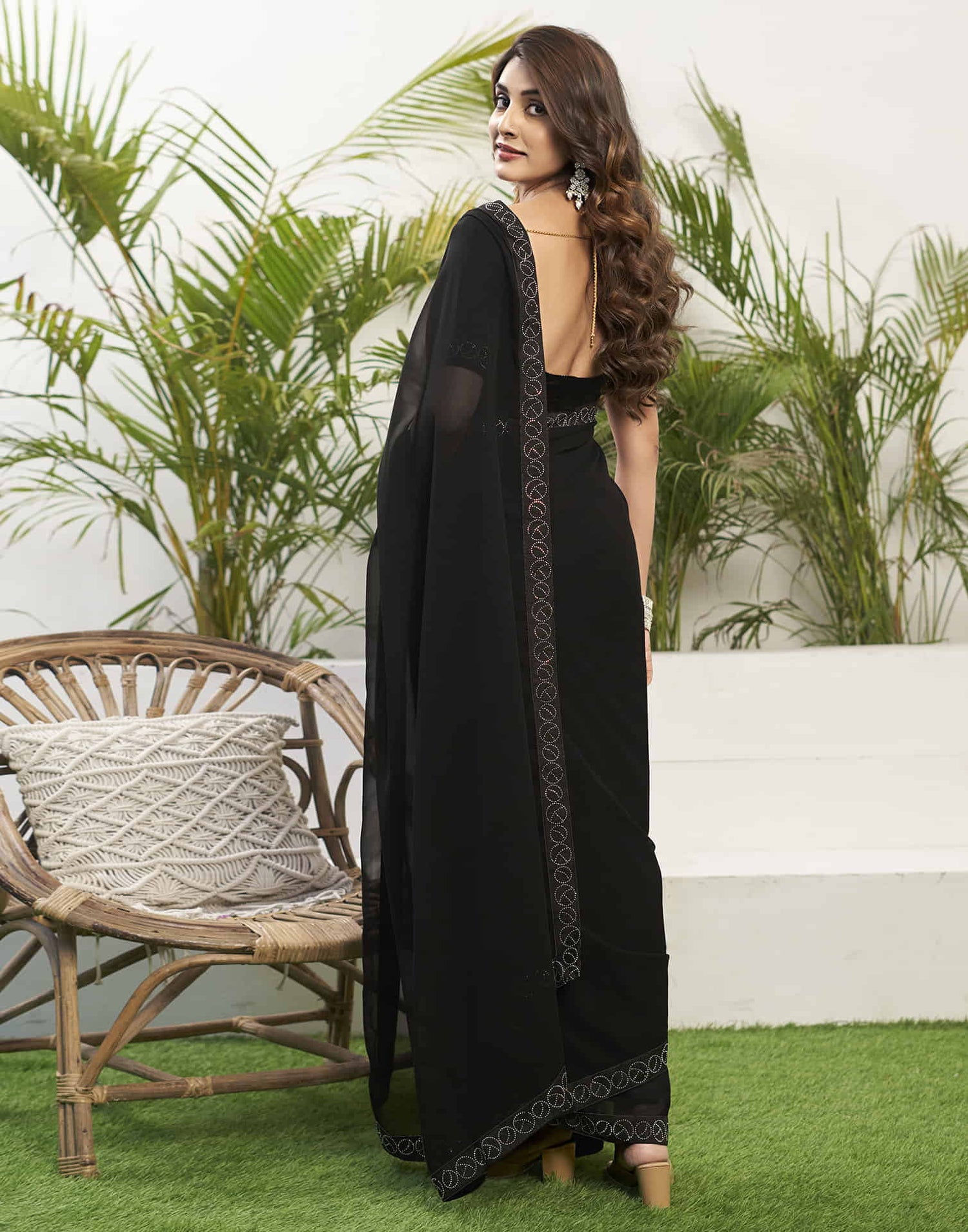 Black Georgette Stone Work Plain Saree