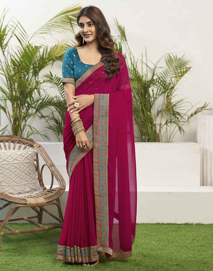 Dark Pink Georgette Lace Plain Saree