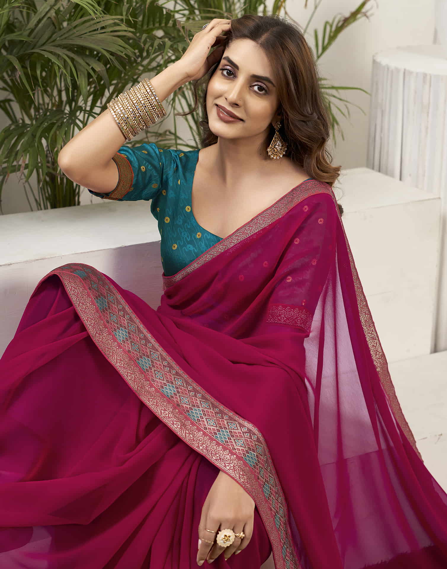 Dark Pink Georgette Lace Plain Saree