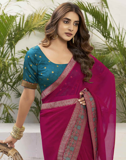 Dark Pink Georgette Lace Plain Saree