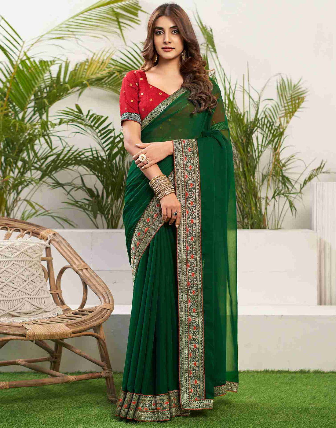 Dark Green Georgette Plain Lace Border Saree