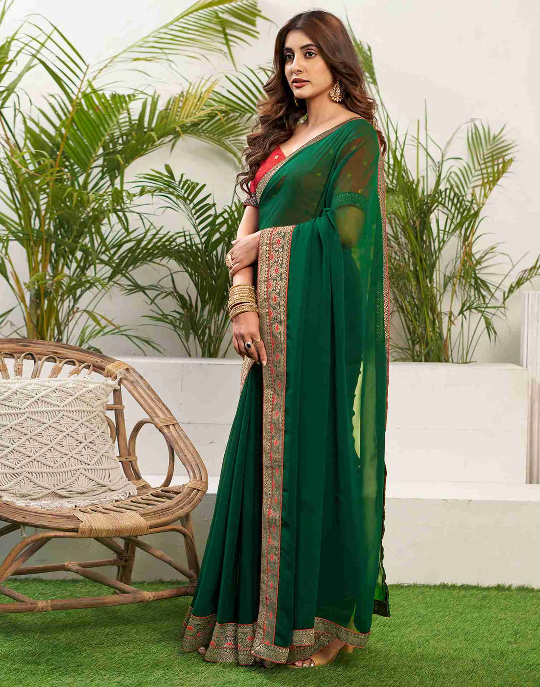 Dark Green Georgette Plain Lace Border Saree