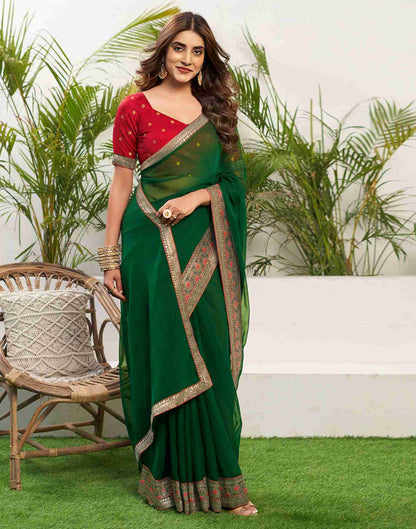 Dark Green Georgette Plain Lace Border Saree