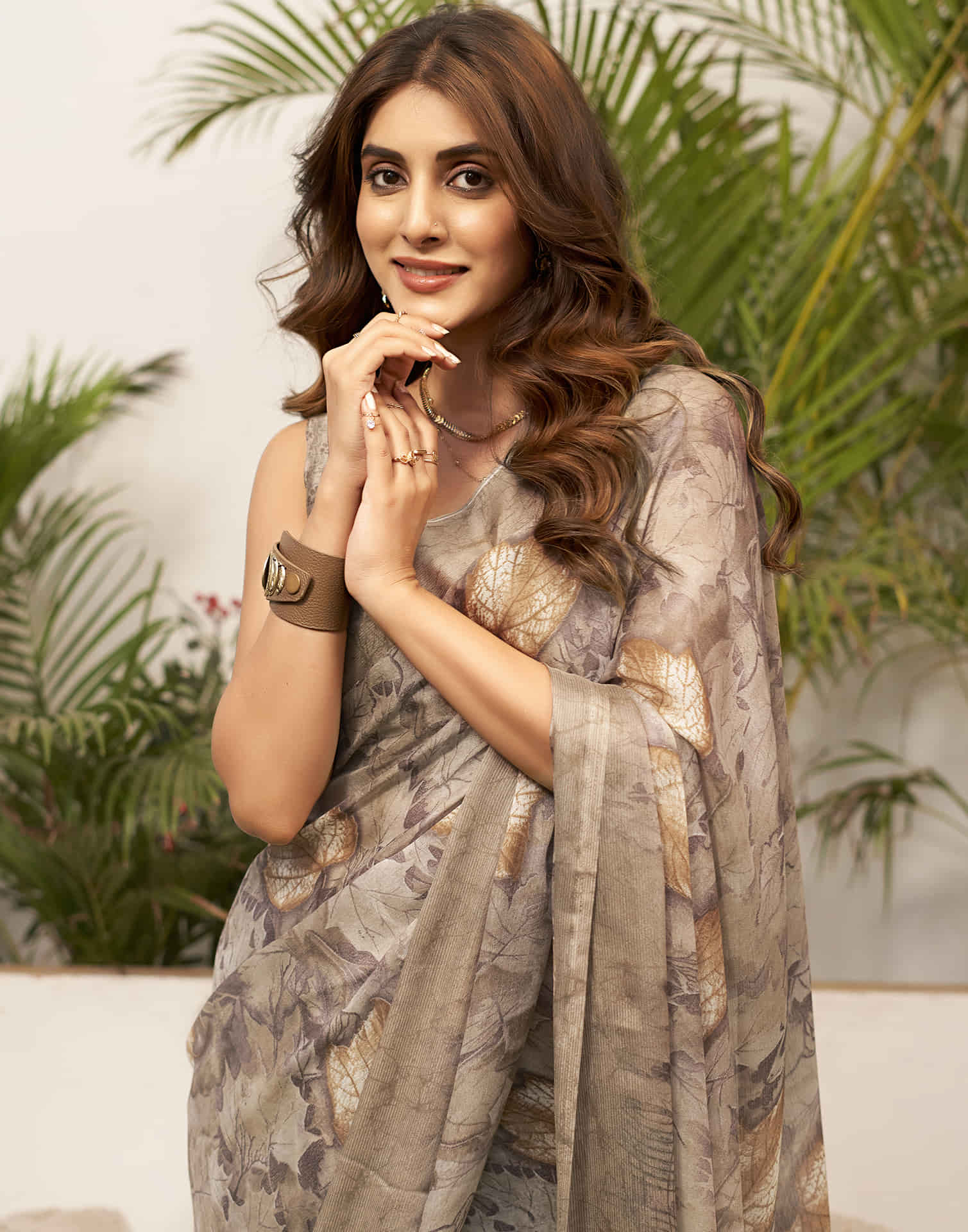 Beige Chiffon Printed Saree