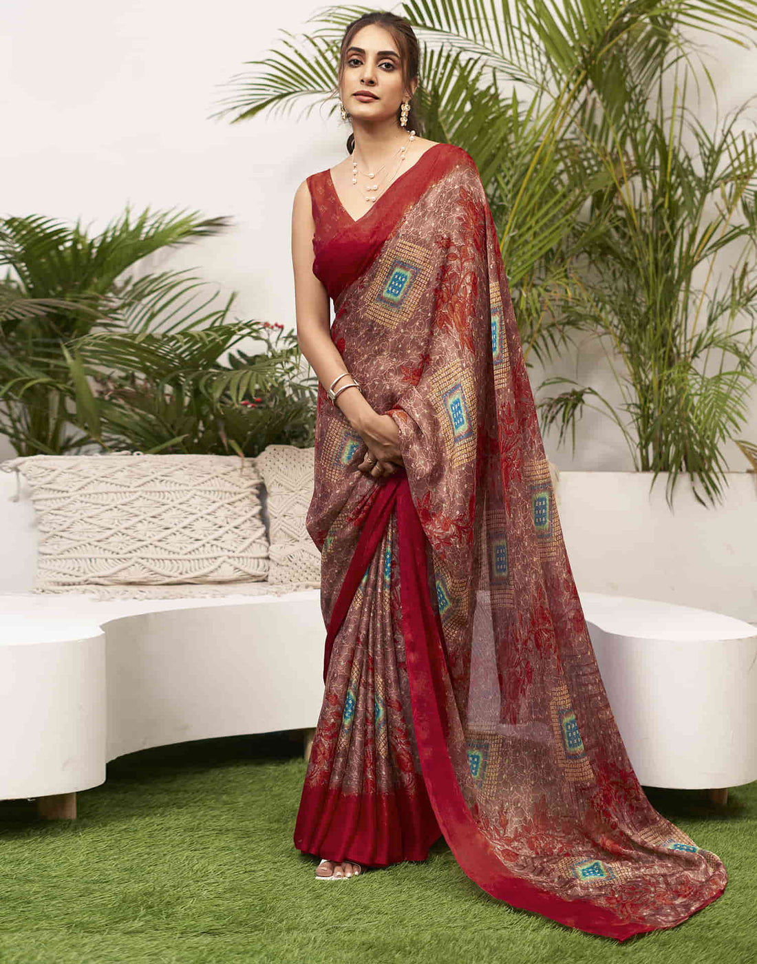 Red Chiffon Bandhani Printed Saree