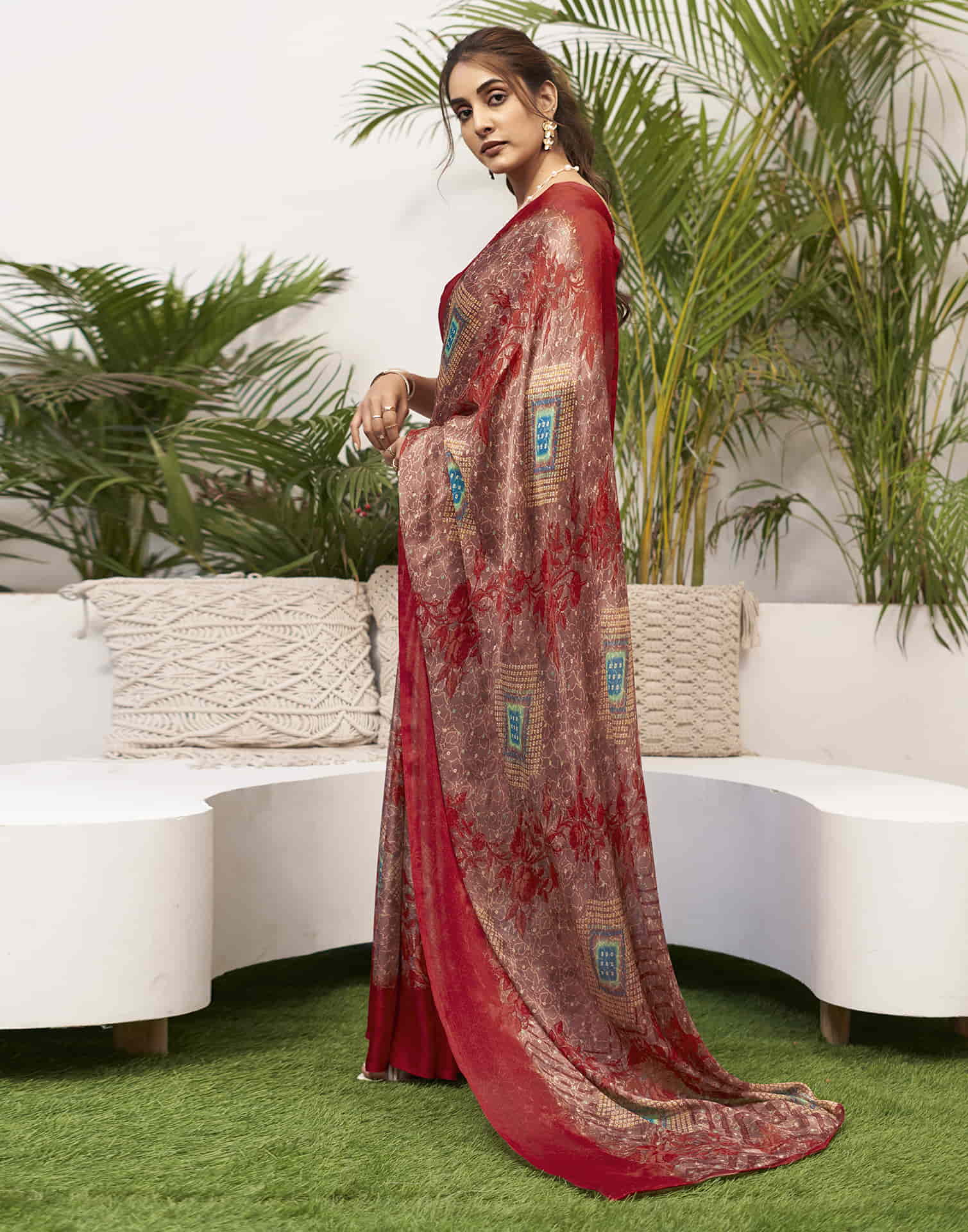 Red Chiffon Bandhani Printed Saree