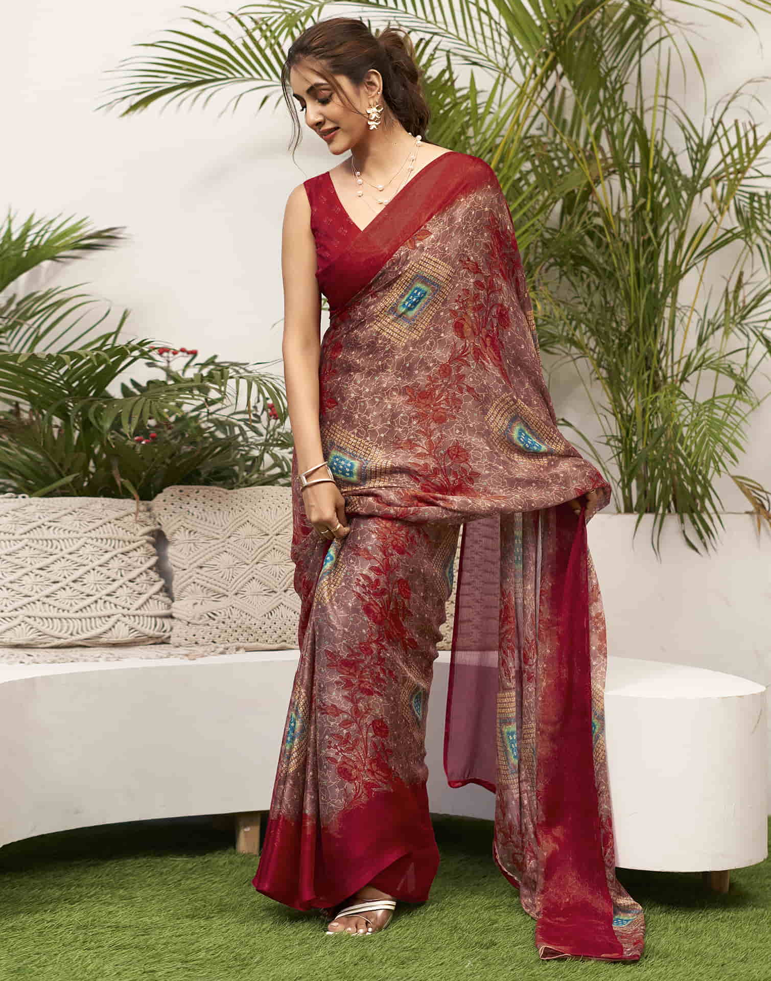 Red Chiffon Bandhani Printed Saree