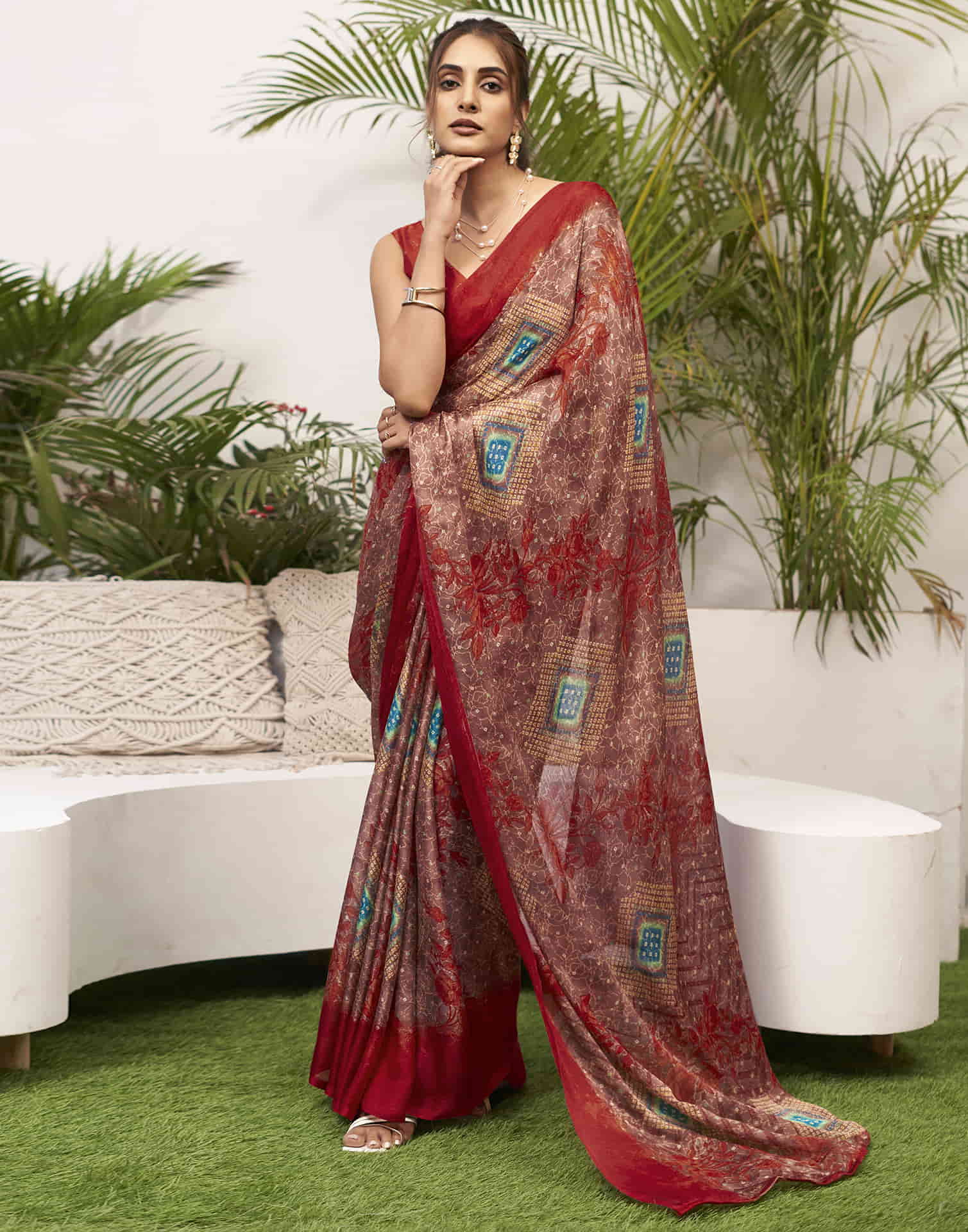 Red Chiffon Bandhani Printed Saree