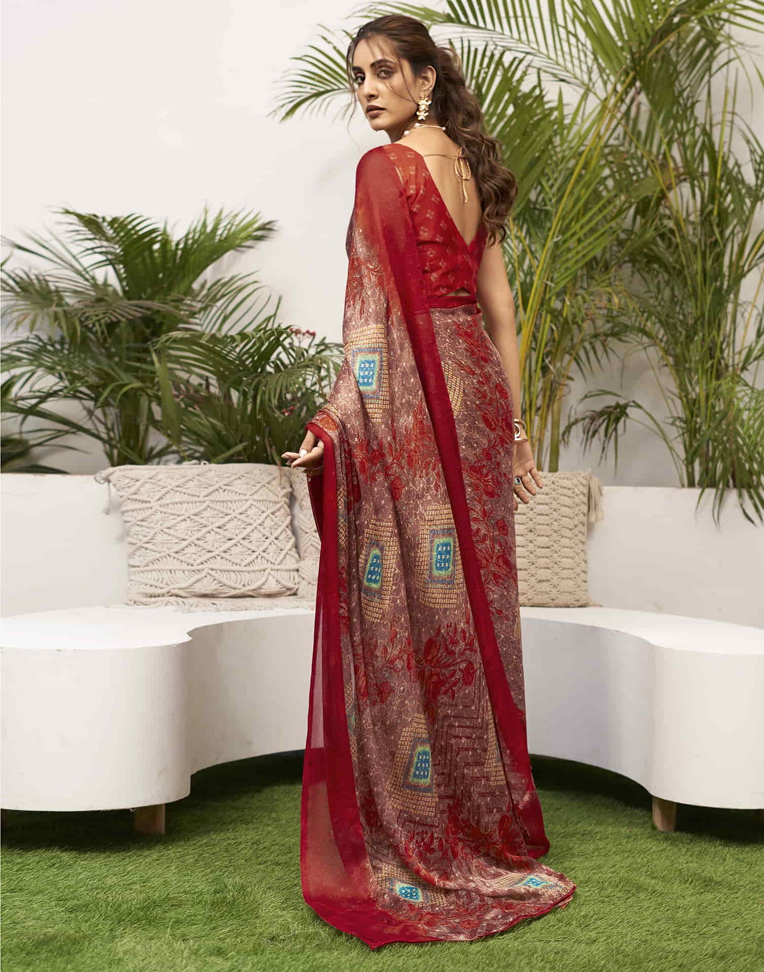 Red Chiffon Bandhani Printed Saree