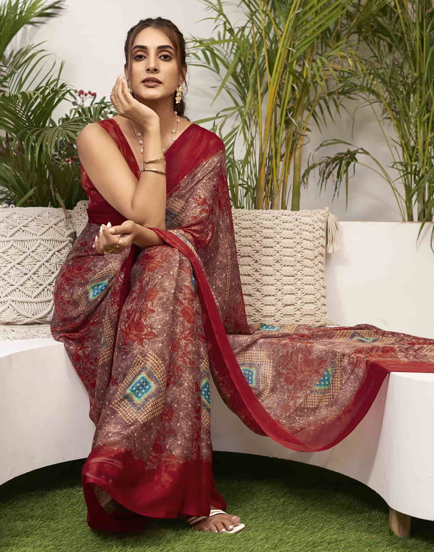 Red Chiffon Bandhani Printed Saree