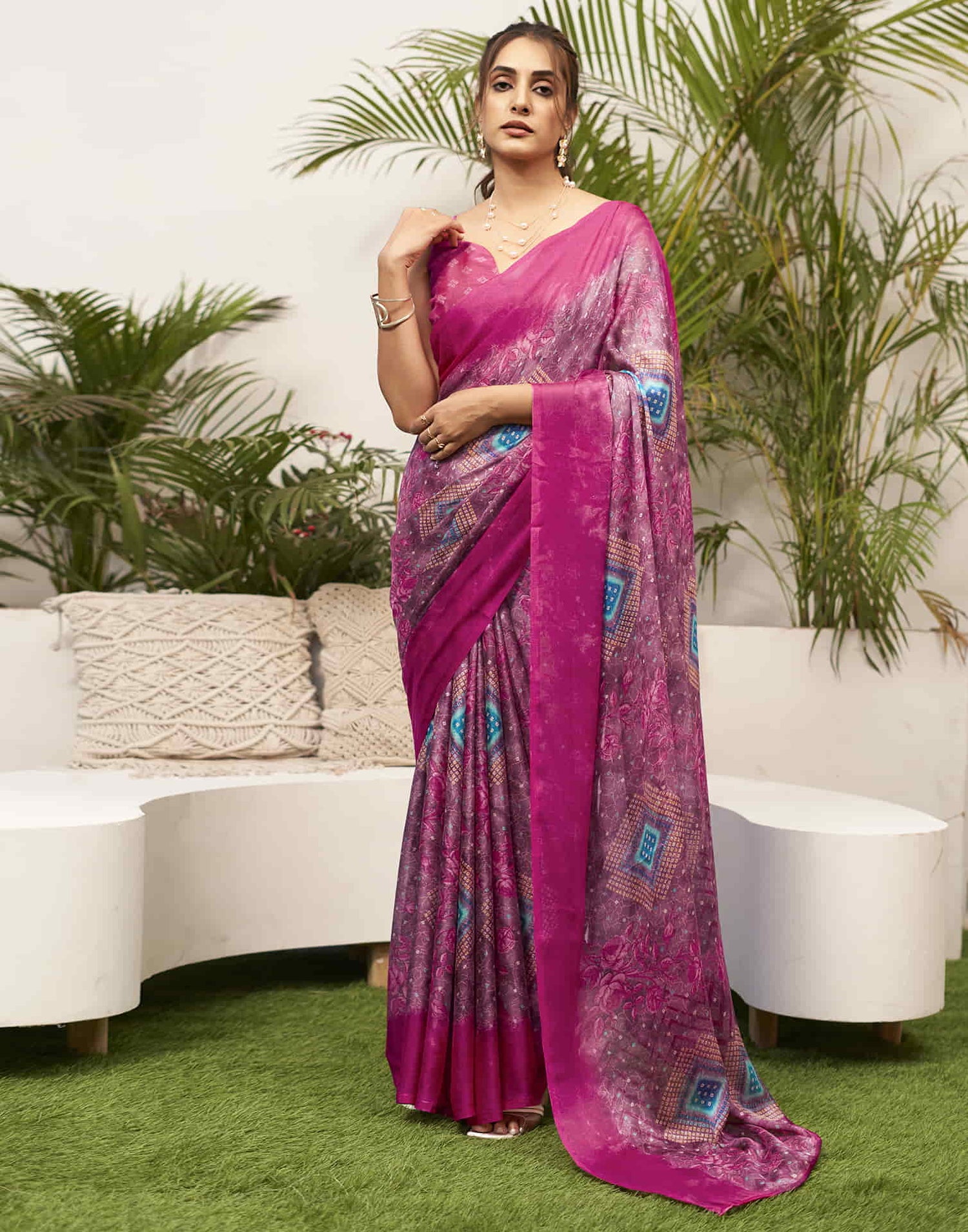 Magenta Chiffon Bandhani Printed Saree