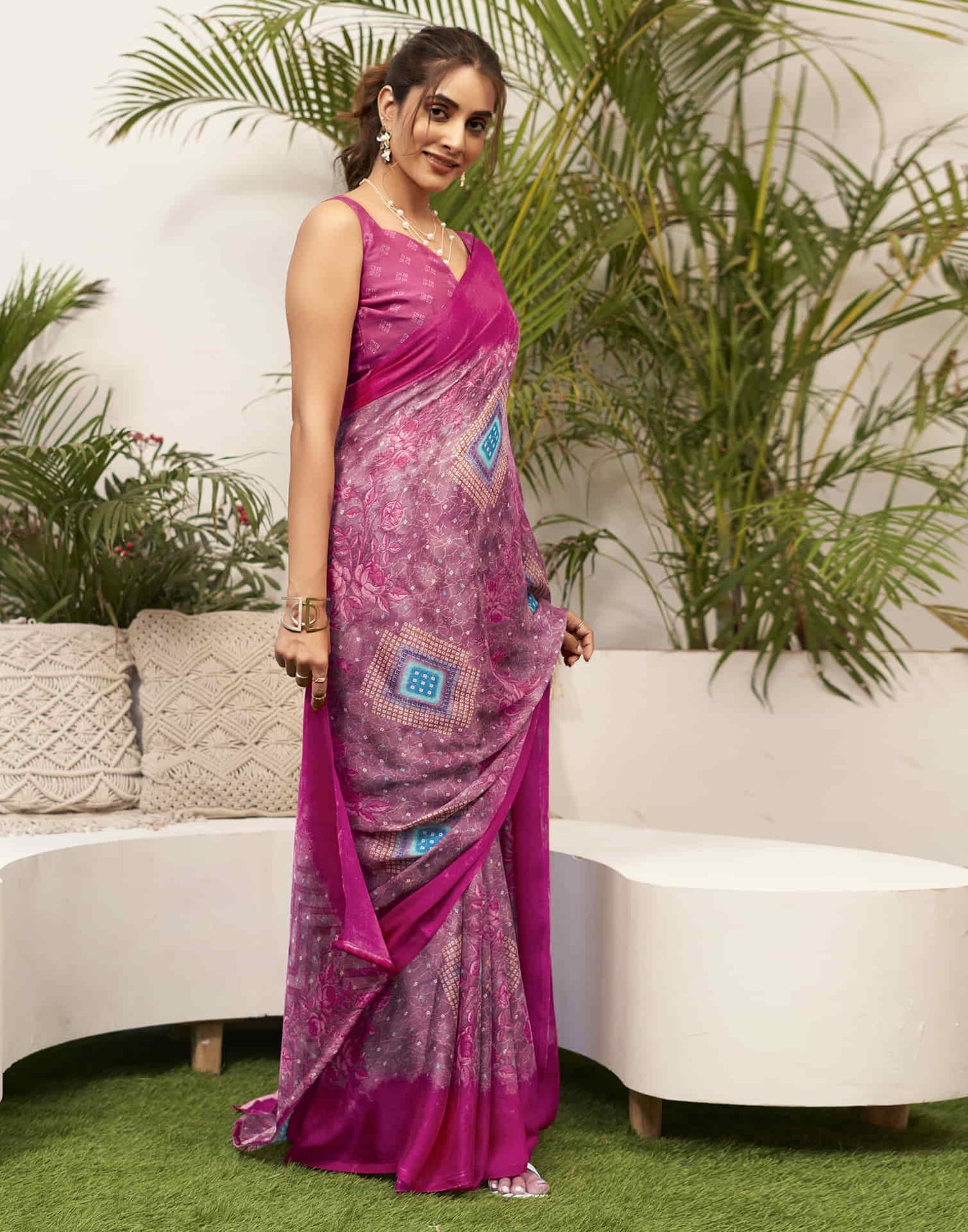 Magenta Chiffon Bandhani Printed Saree