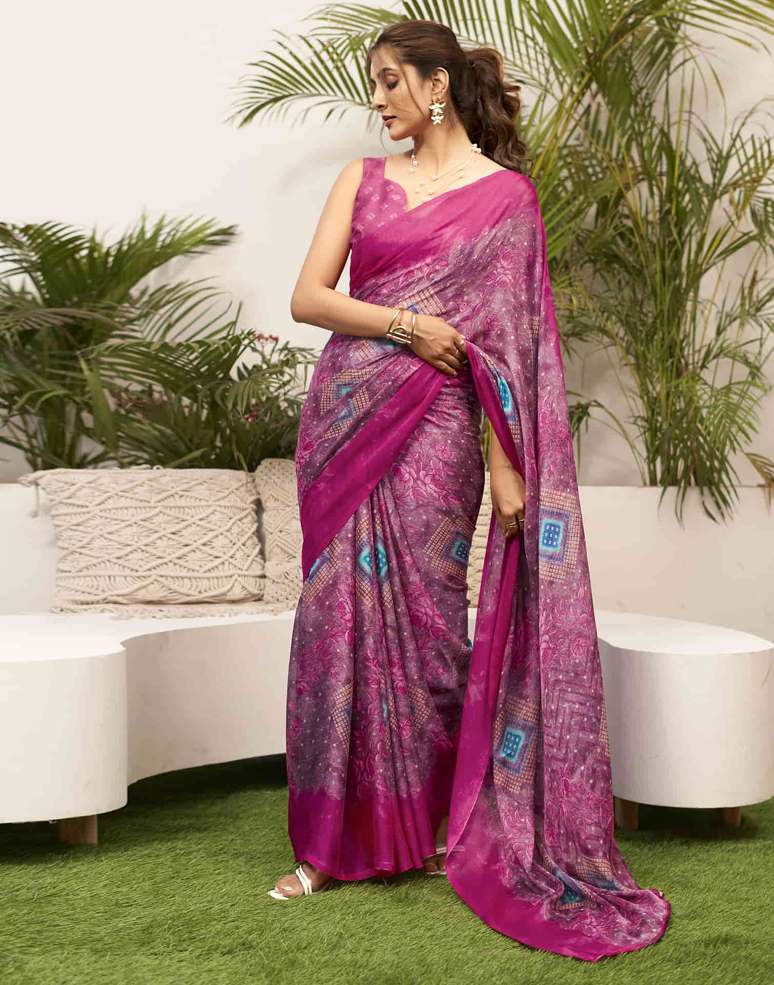 Magenta Chiffon Bandhani Printed Saree