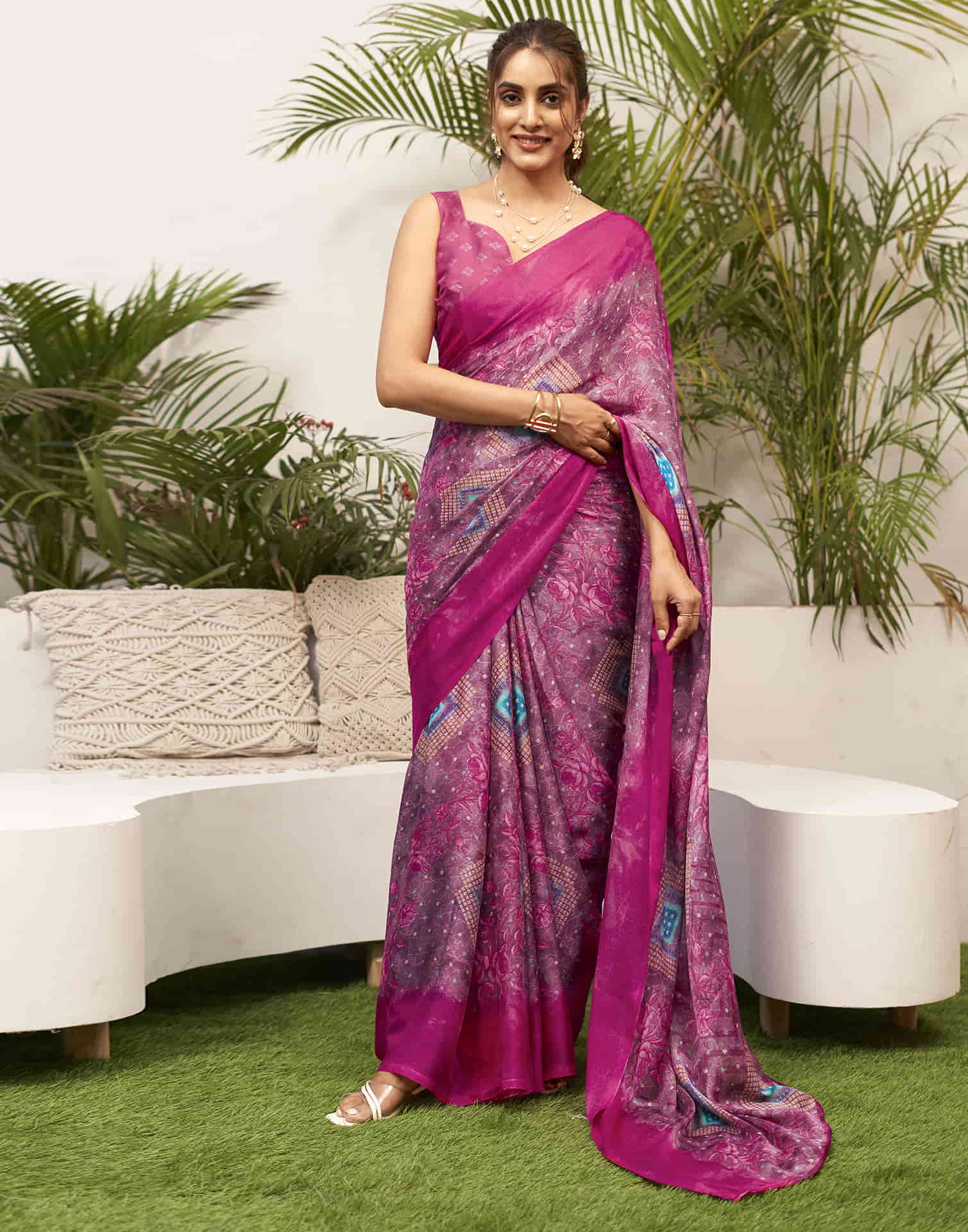 Magenta Chiffon Bandhani Printed Saree